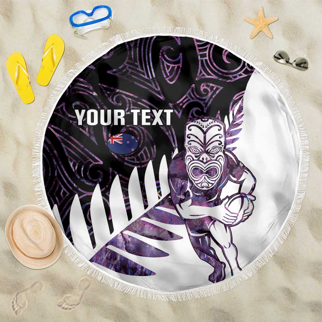 New Zealand Silver Fern Rugby Custom Beach Blanket Go All Black Purple Maori Paua Shell - Polynesian Pride