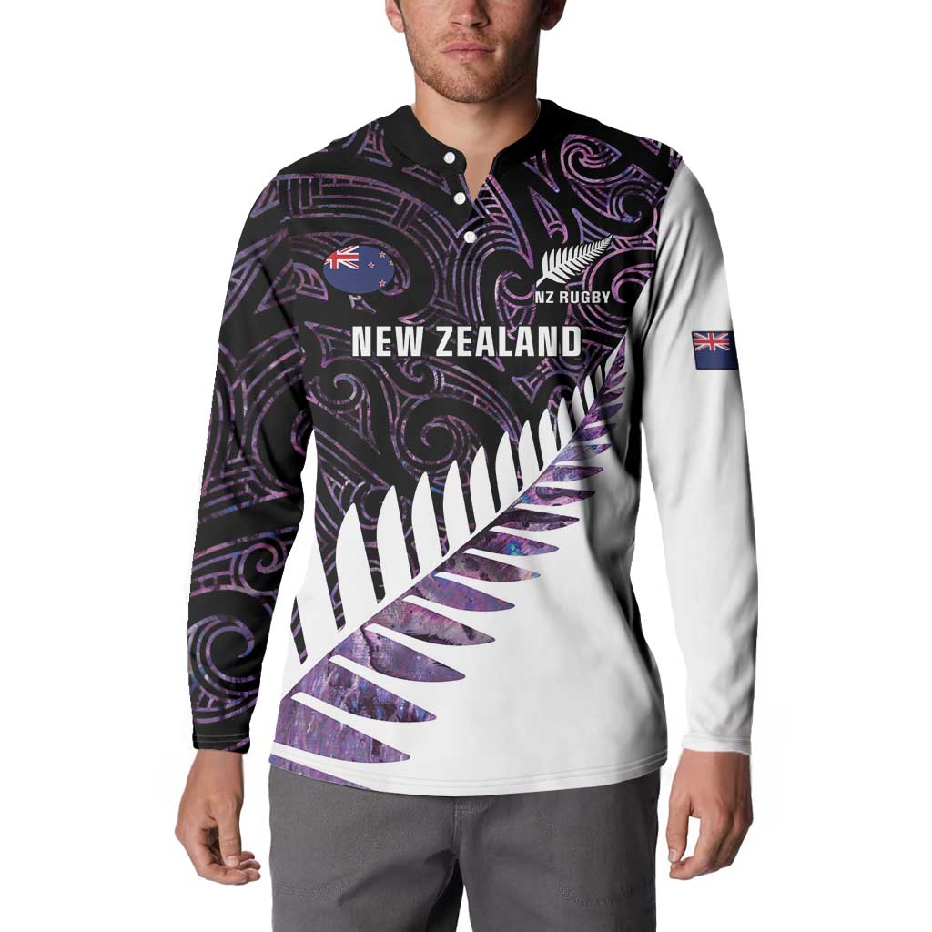 New Zealand Silver Fern Rugby Custom Button Sweatshirt Go All Black Purple Maori Paua Shell - Polynesian Pride