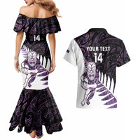New Zealand Silver Fern Rugby Custom Couples Matching Mermaid Dress and Hawaiian Shirt Go All Black Purple Maori Paua Shell - Polynesian Pride