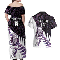 New Zealand Silver Fern Rugby Custom Couples Matching Off Shoulder Maxi Dress and Hawaiian Shirt Go All Black Purple Maori Paua Shell LT14 - Polynesian Pride