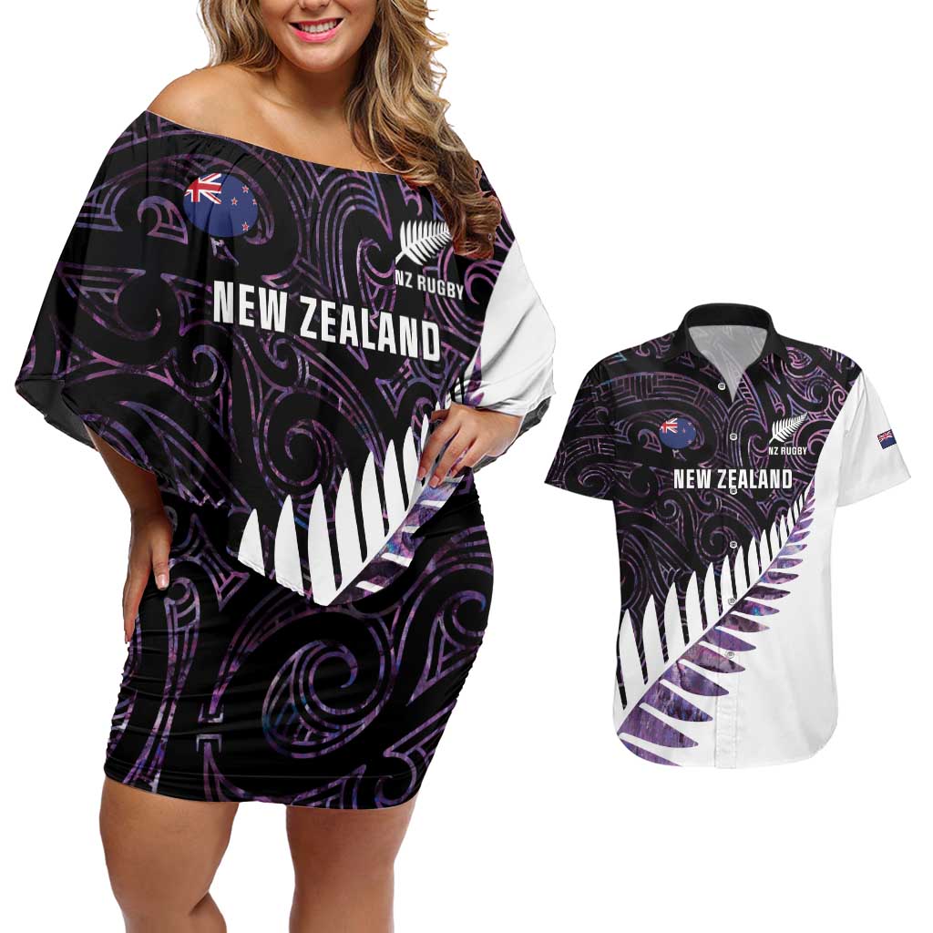 New Zealand Silver Fern Rugby Custom Couples Matching Off Shoulder Short Dress and Hawaiian Shirt Go All Black Purple Maori Paua Shell LT14 Purple - Polynesian Pride