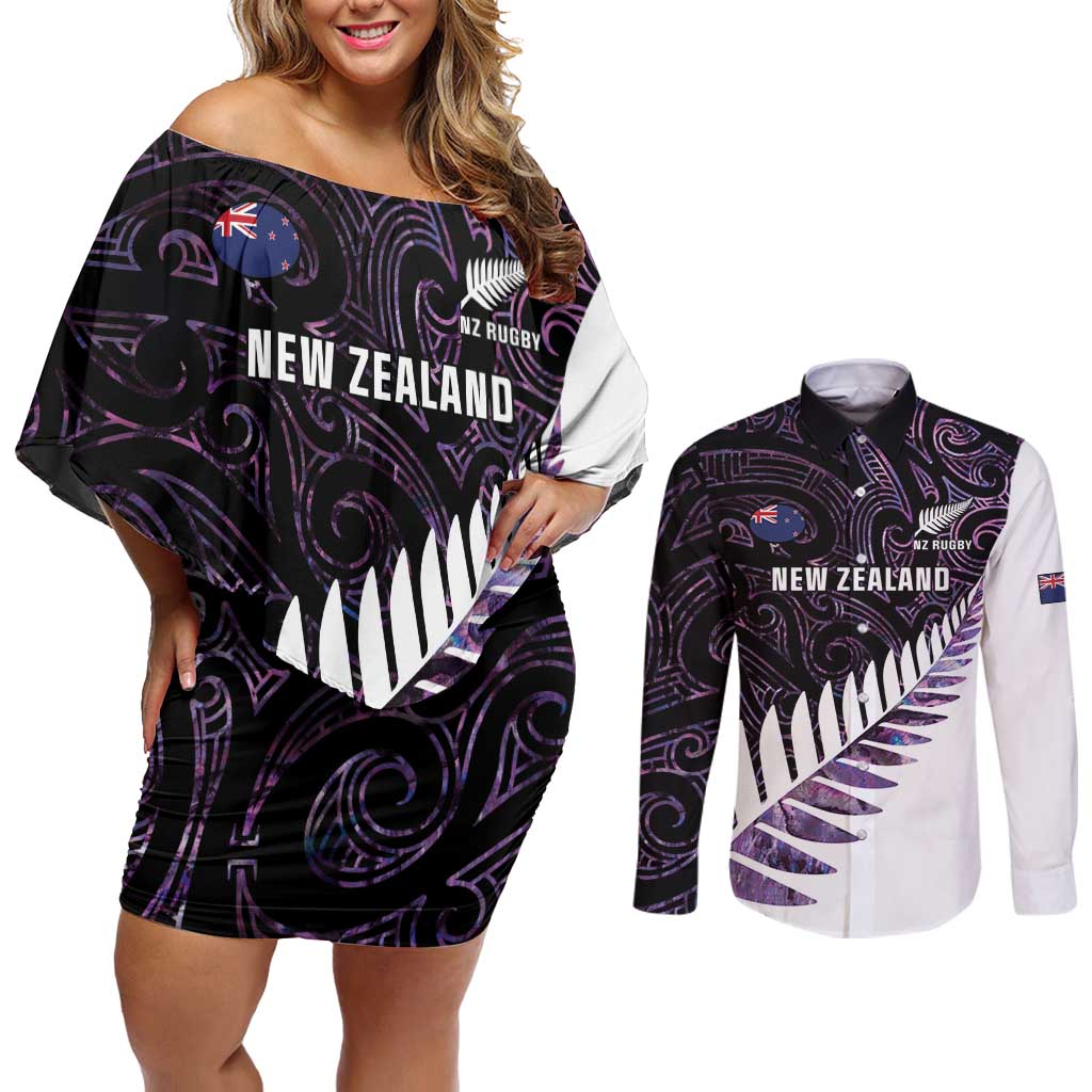 New Zealand Silver Fern Rugby Custom Couples Matching Off Shoulder Short Dress and Long Sleeve Button Shirt Go All Black Purple Maori Paua Shell LT14 Purple - Polynesian Pride