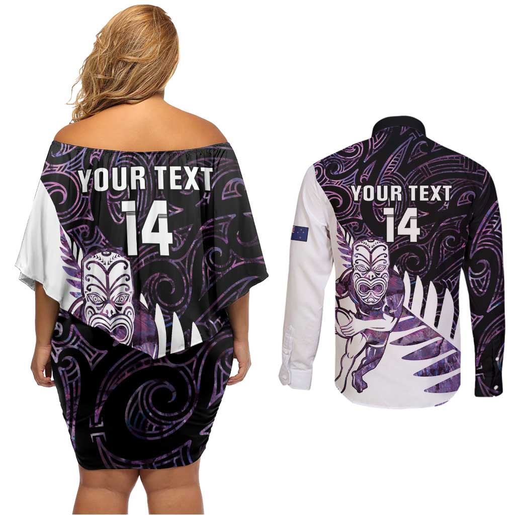 New Zealand Silver Fern Rugby Custom Couples Matching Off Shoulder Short Dress and Long Sleeve Button Shirt Go All Black Purple Maori Paua Shell LT14 - Polynesian Pride