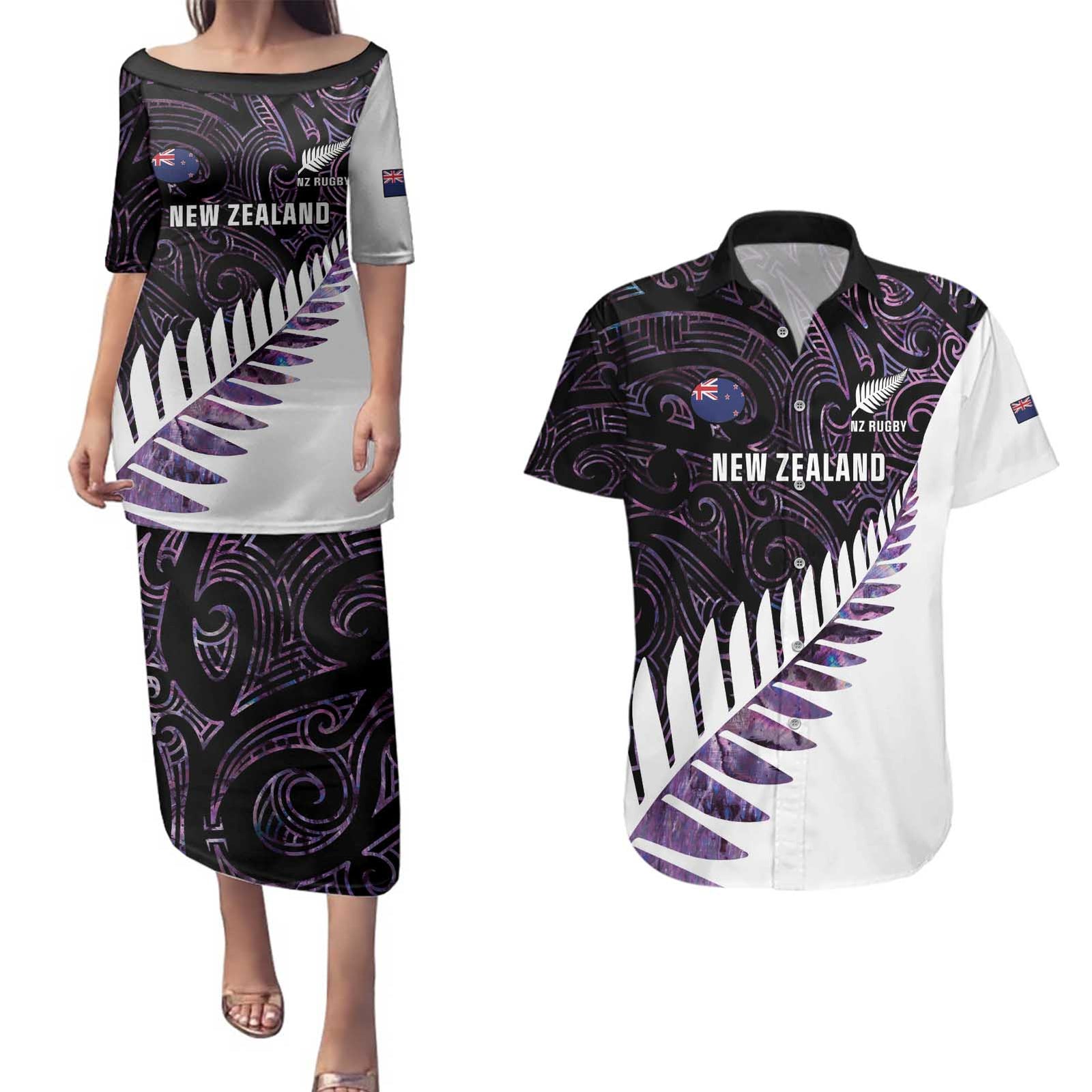 New Zealand Silver Fern Rugby Custom Couples Matching Puletasi and Hawaiian Shirt Go All Black Purple Maori Paua Shell - Polynesian Pride