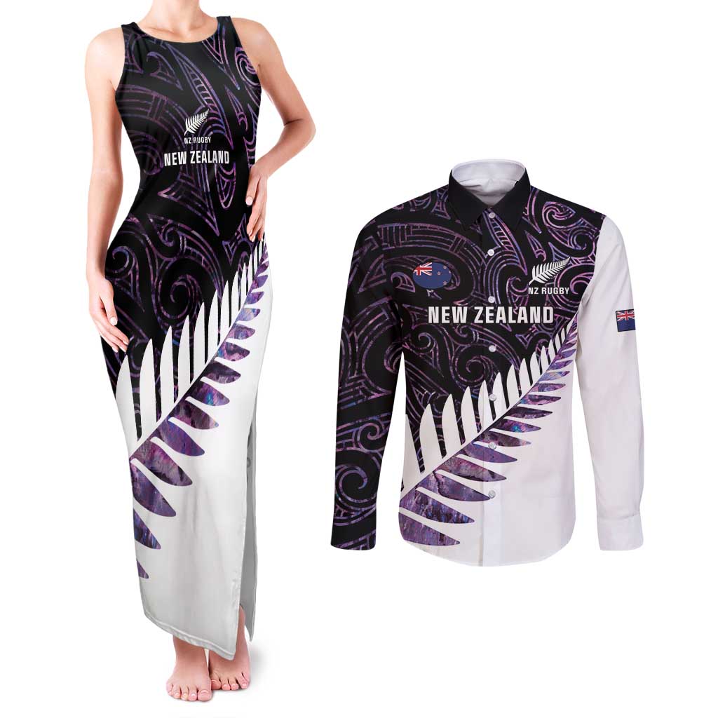 New Zealand Silver Fern Rugby Custom Couples Matching Tank Maxi Dress and Long Sleeve Button Shirt Go All Black Purple Maori Paua Shell - Polynesian Pride