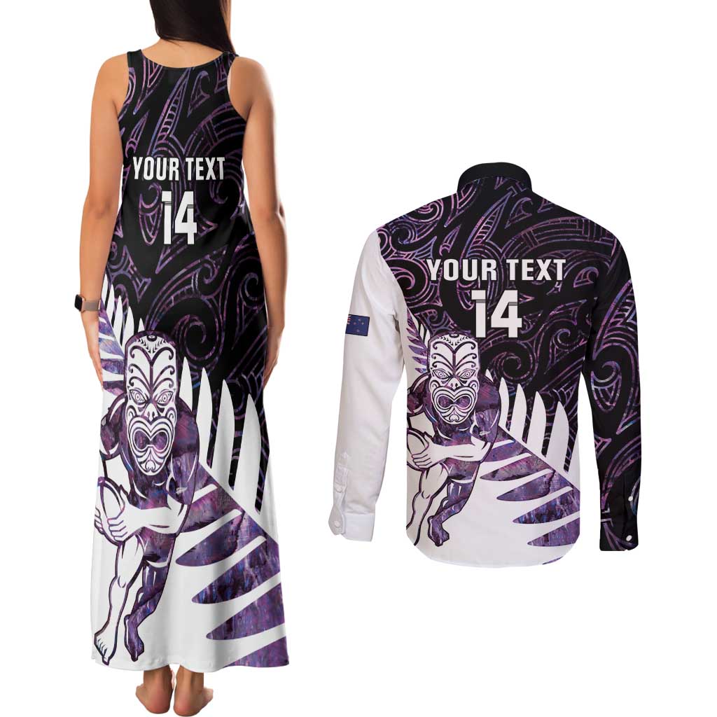 New Zealand Silver Fern Rugby Custom Couples Matching Tank Maxi Dress and Long Sleeve Button Shirt Go All Black Purple Maori Paua Shell - Polynesian Pride