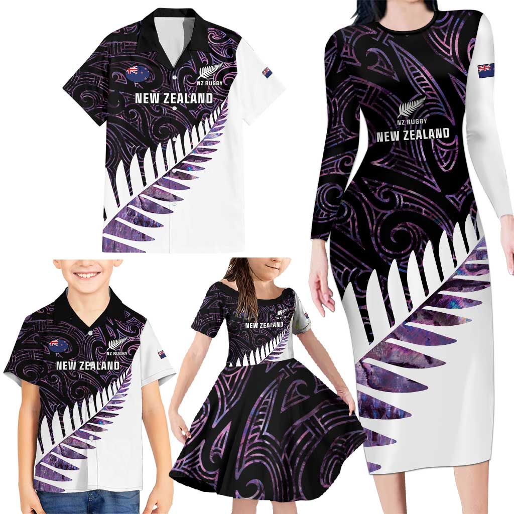 New Zealand Silver Fern Rugby Custom Family Matching Long Sleeve Bodycon Dress and Hawaiian Shirt Go All Black Purple Maori Paua Shell - Polynesian Pride