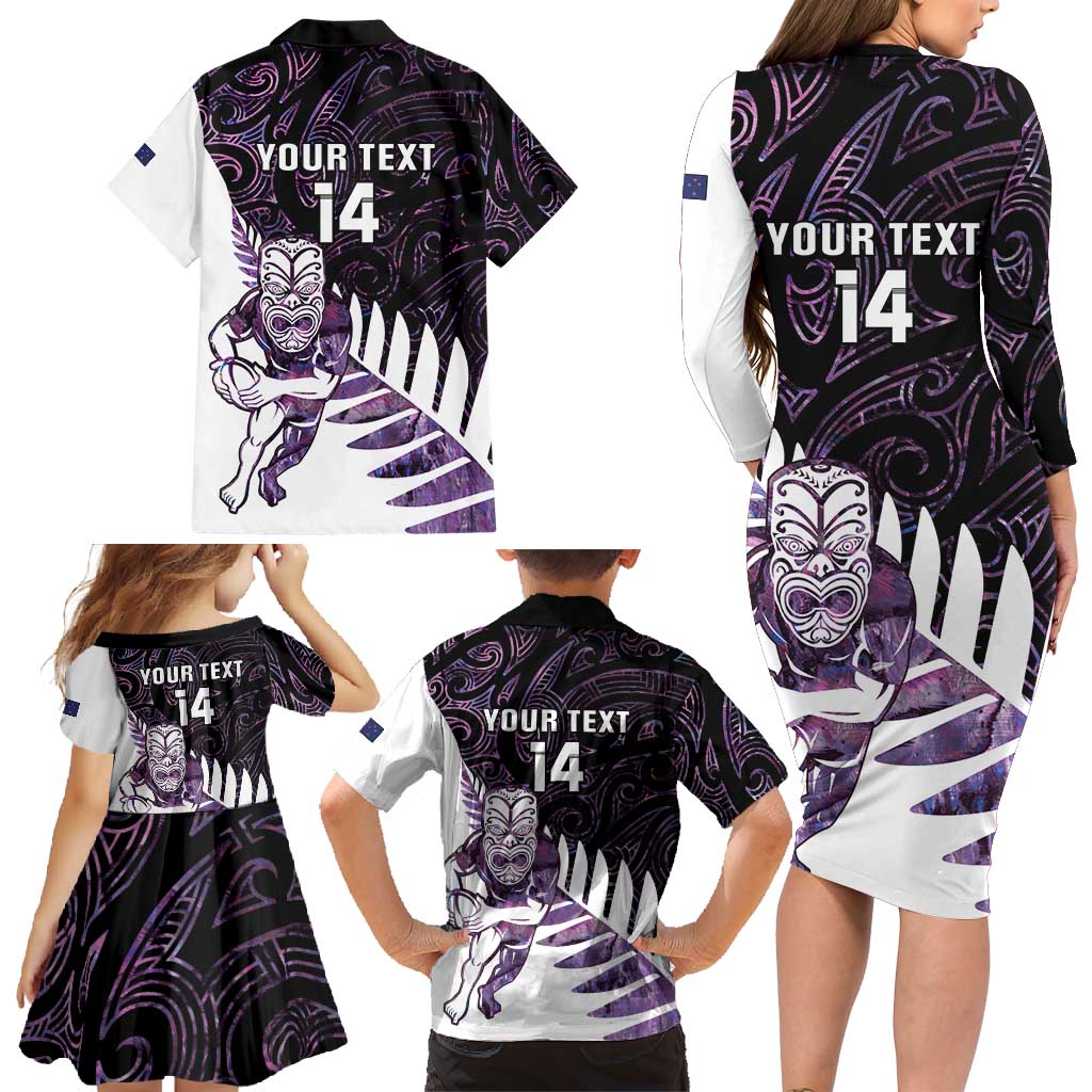 New Zealand Silver Fern Rugby Custom Family Matching Long Sleeve Bodycon Dress and Hawaiian Shirt Go All Black Purple Maori Paua Shell LT14 - Polynesian Pride