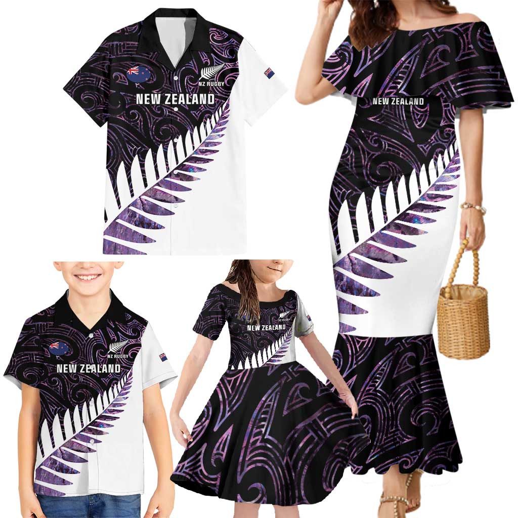 New Zealand Silver Fern Rugby Custom Family Matching Mermaid Dress and Hawaiian Shirt Go All Black Purple Maori Paua Shell LT14 - Polynesian Pride
