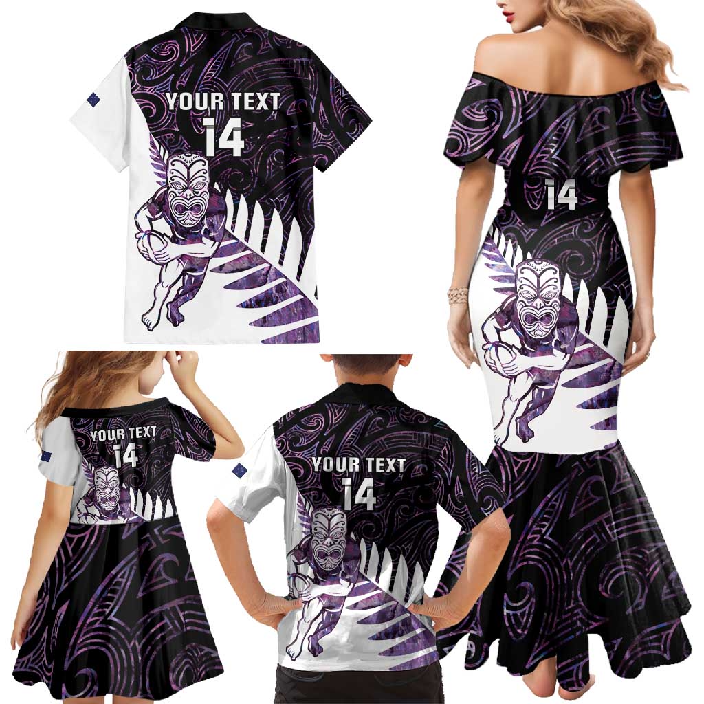 New Zealand Silver Fern Rugby Custom Family Matching Mermaid Dress and Hawaiian Shirt Go All Black Purple Maori Paua Shell LT14 - Polynesian Pride