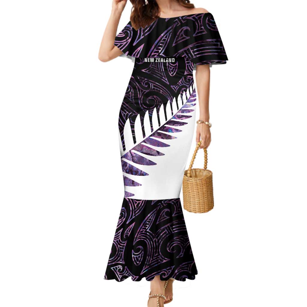 New Zealand Silver Fern Rugby Custom Family Matching Mermaid Dress and Hawaiian Shirt Go All Black Purple Maori Paua Shell LT14 Mom's Dress Purple - Polynesian Pride