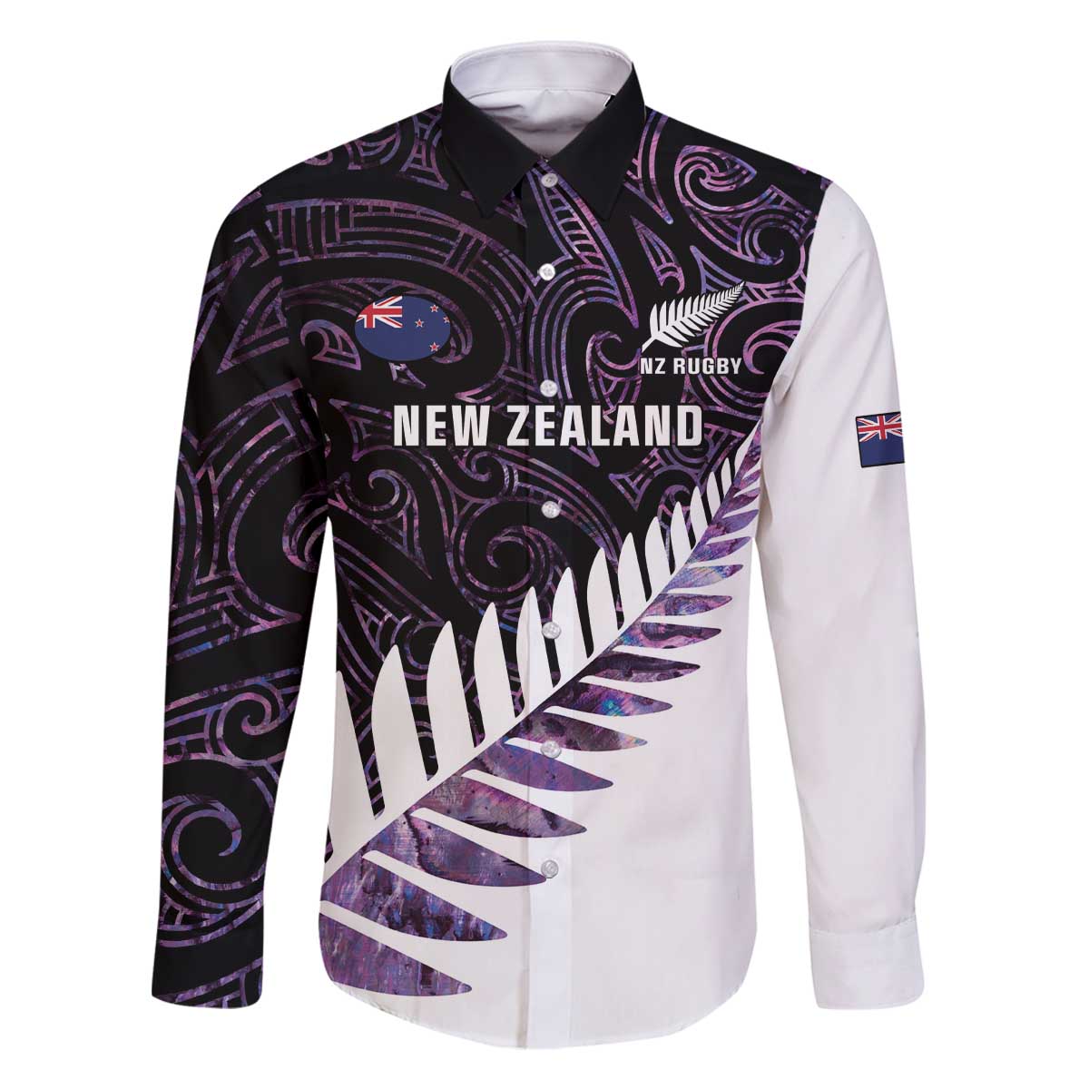 New Zealand Silver Fern Rugby Custom Family Matching Off The Shoulder Long Sleeve Dress and Hawaiian Shirt Go All Black Purple Maori Paua Shell - Polynesian Pride