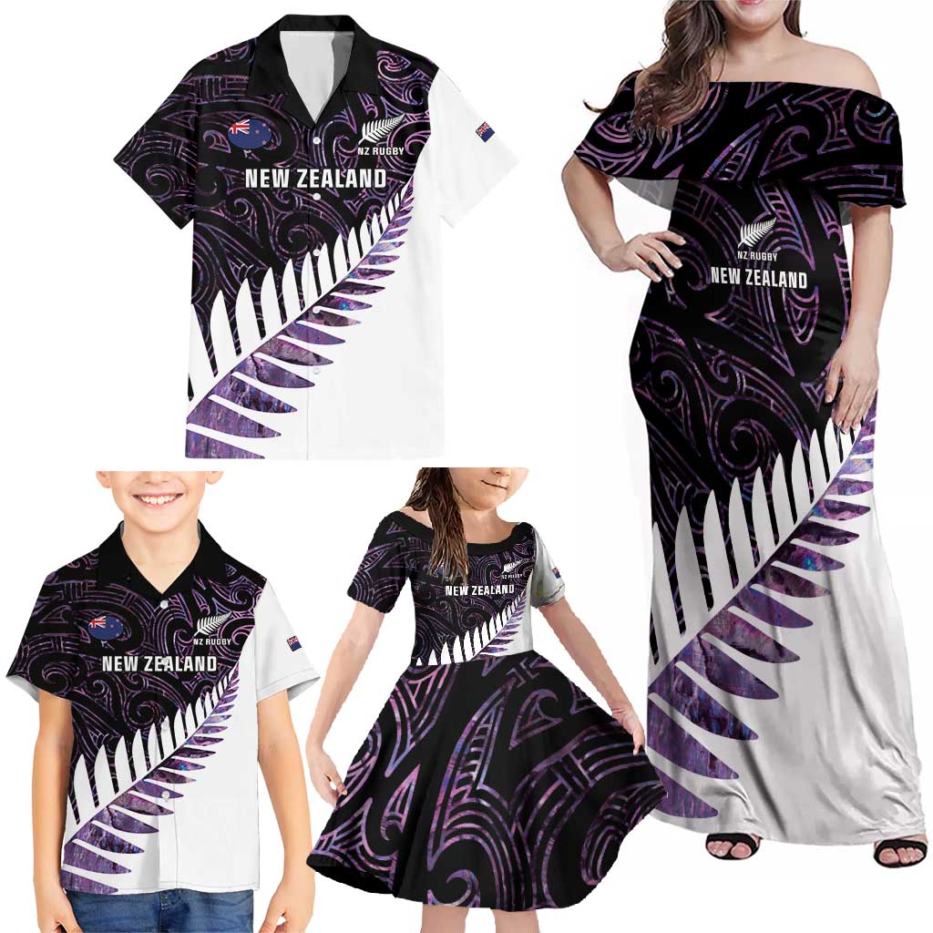 New Zealand Silver Fern Rugby Custom Family Matching Off Shoulder Maxi Dress and Hawaiian Shirt Go All Black Purple Maori Paua Shell LT14 - Polynesian Pride