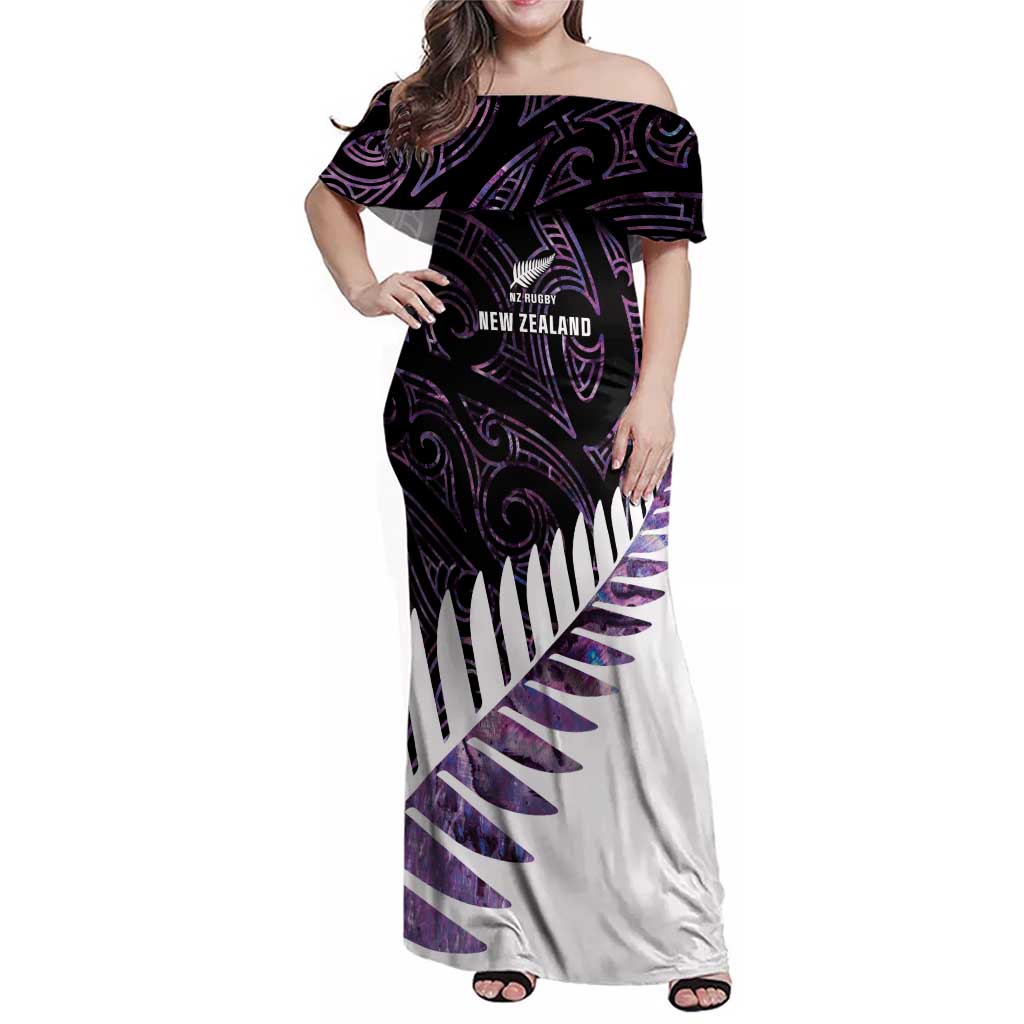 New Zealand Silver Fern Rugby Custom Family Matching Off Shoulder Maxi Dress and Hawaiian Shirt Go All Black Purple Maori Paua Shell LT14 Mom's Dress Purple - Polynesian Pride
