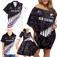 New Zealand Silver Fern Rugby Custom Family Matching Off Shoulder Short Dress and Hawaiian Shirt Go All Black Purple Maori Paua Shell LT14 - Polynesian Pride