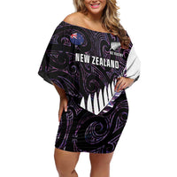 New Zealand Silver Fern Rugby Custom Family Matching Off Shoulder Short Dress and Hawaiian Shirt Go All Black Purple Maori Paua Shell LT14 Mom's Dress Purple - Polynesian Pride