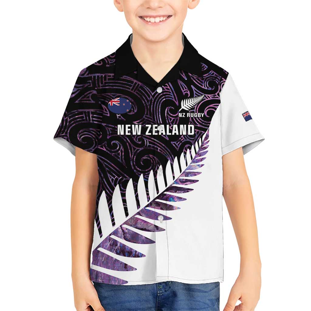 New Zealand Silver Fern Rugby Custom Family Matching Off Shoulder Short Dress and Hawaiian Shirt Go All Black Purple Maori Paua Shell LT14 Son's Shirt Purple - Polynesian Pride
