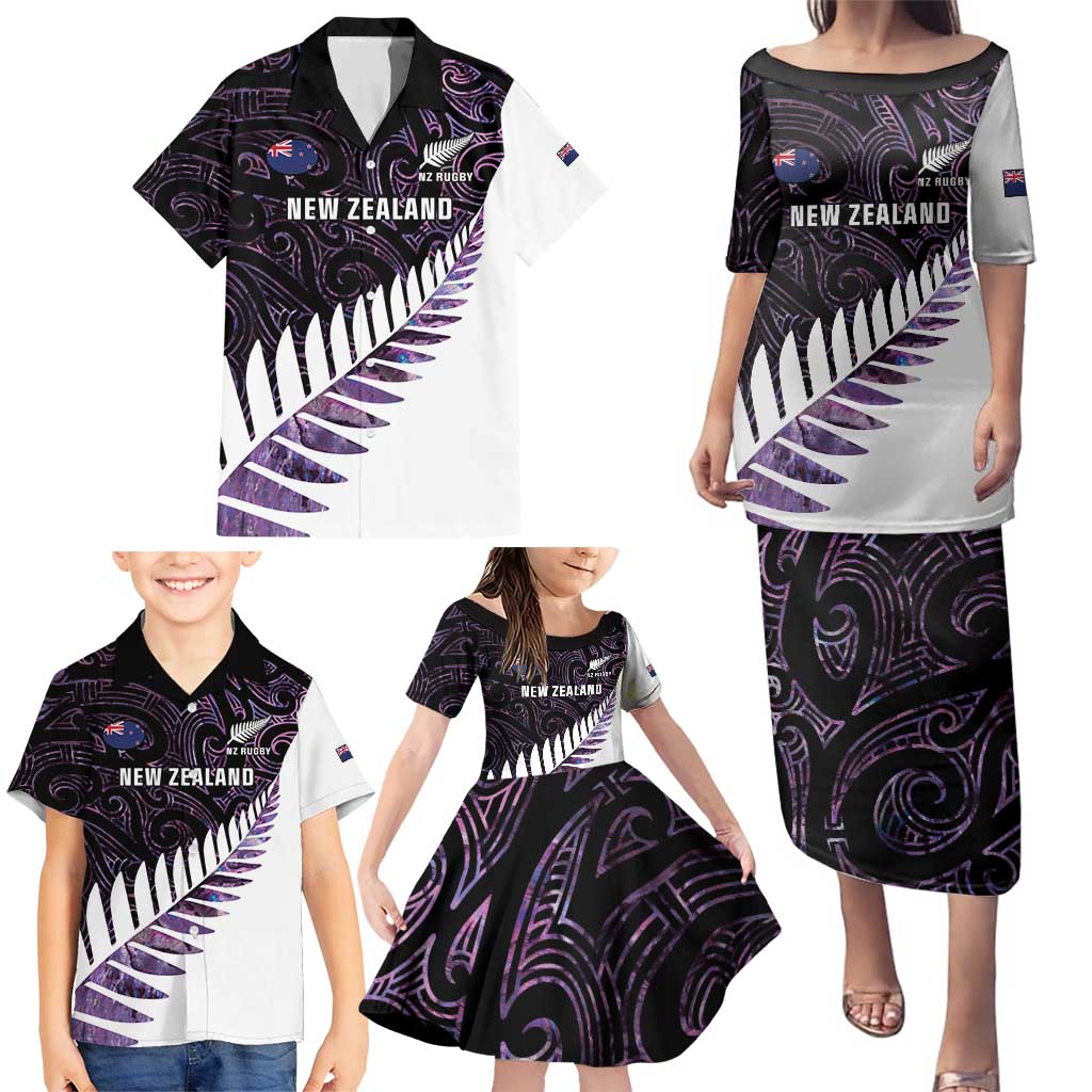 New Zealand Silver Fern Rugby Custom Family Matching Puletasi and Hawaiian Shirt Go All Black Purple Maori Paua Shell - Polynesian Pride