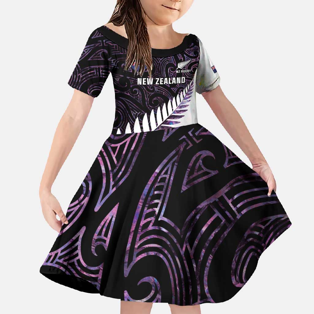 New Zealand Silver Fern Rugby Custom Family Matching Short Sleeve Bodycon Dress and Hawaiian Shirt Go All Black Purple Maori Paua Shell LT14 Daughter's Dress Purple - Polynesian Pride
