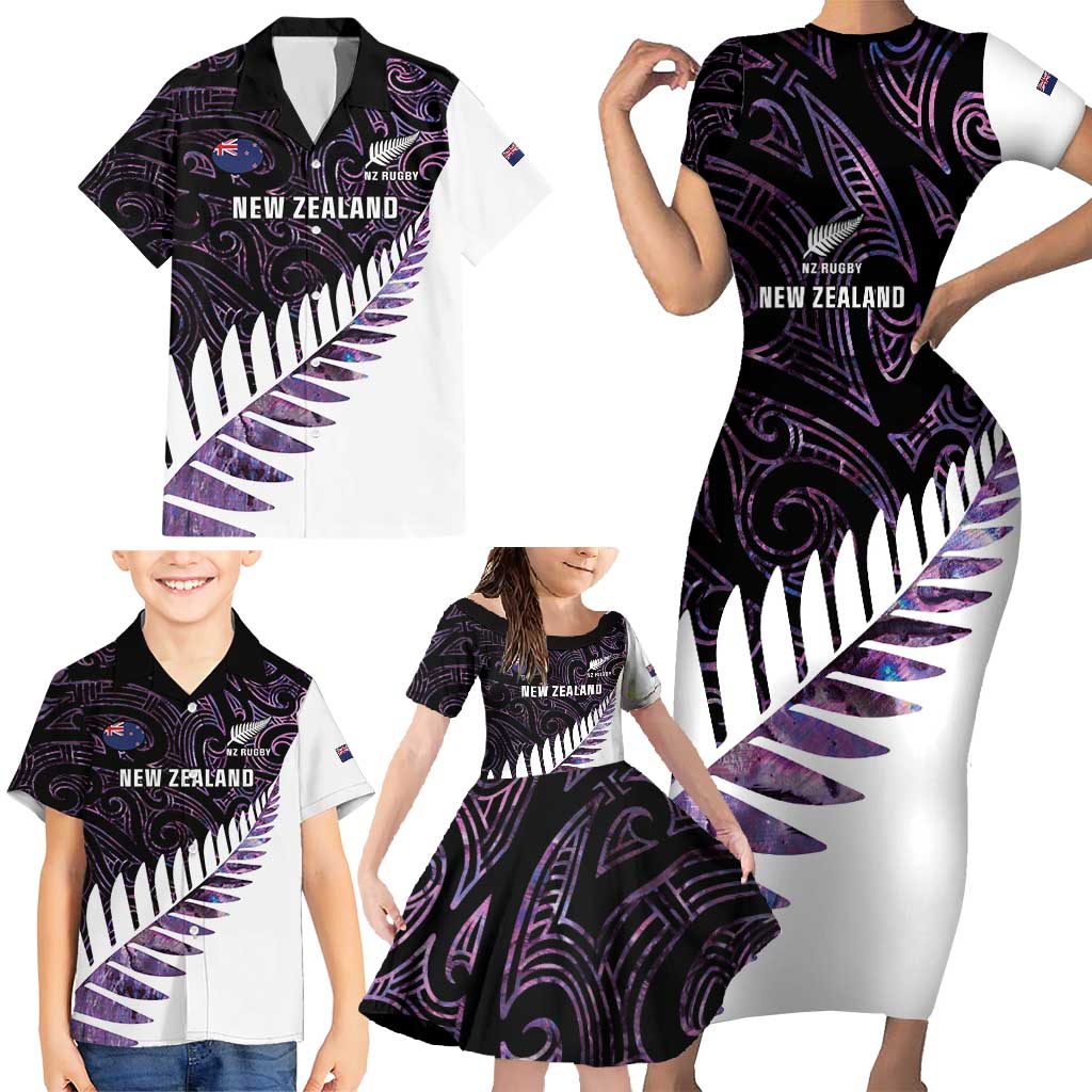 New Zealand Silver Fern Rugby Custom Family Matching Short Sleeve Bodycon Dress and Hawaiian Shirt Go All Black Purple Maori Paua Shell LT14 - Polynesian Pride