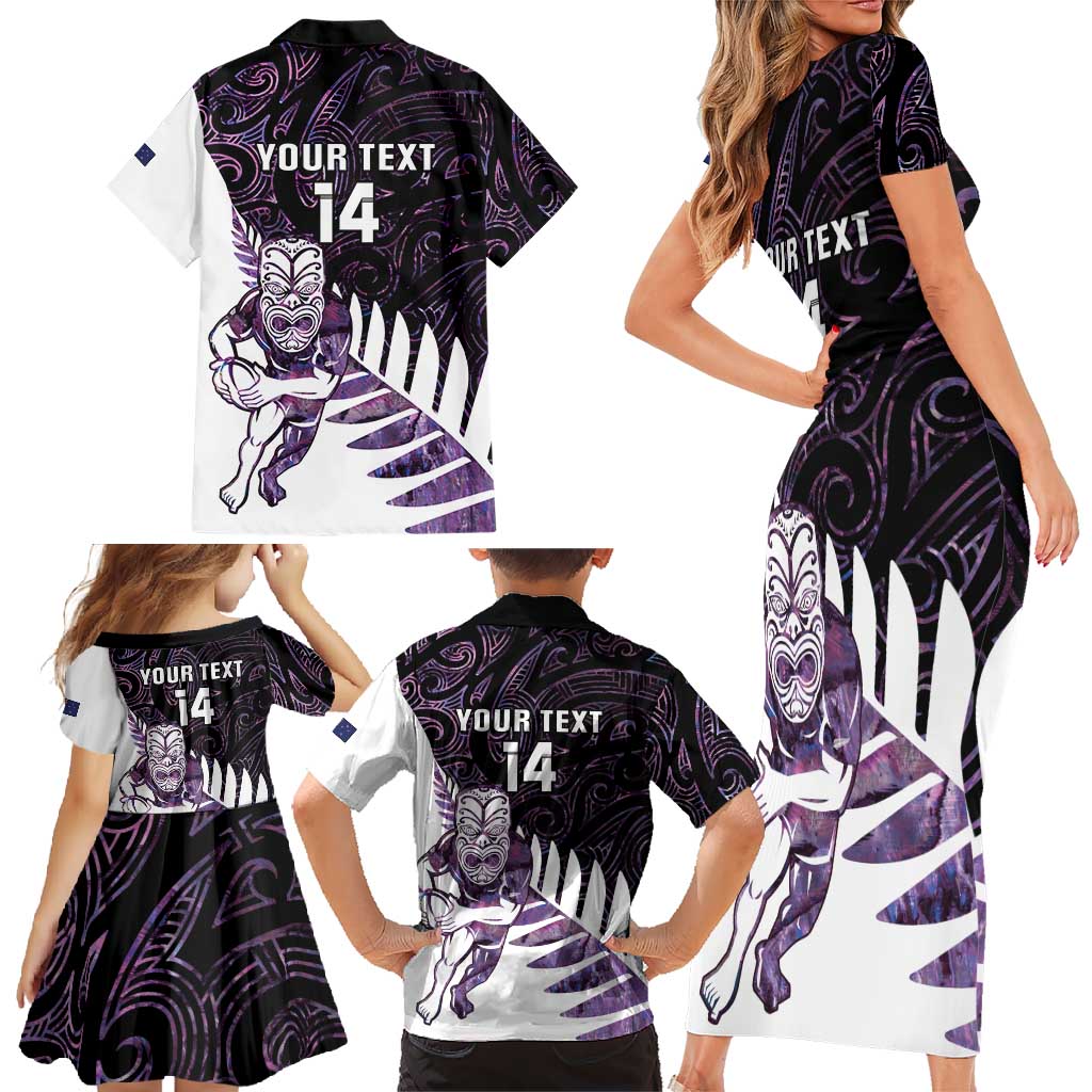 New Zealand Silver Fern Rugby Custom Family Matching Short Sleeve Bodycon Dress and Hawaiian Shirt Go All Black Purple Maori Paua Shell LT14 - Polynesian Pride