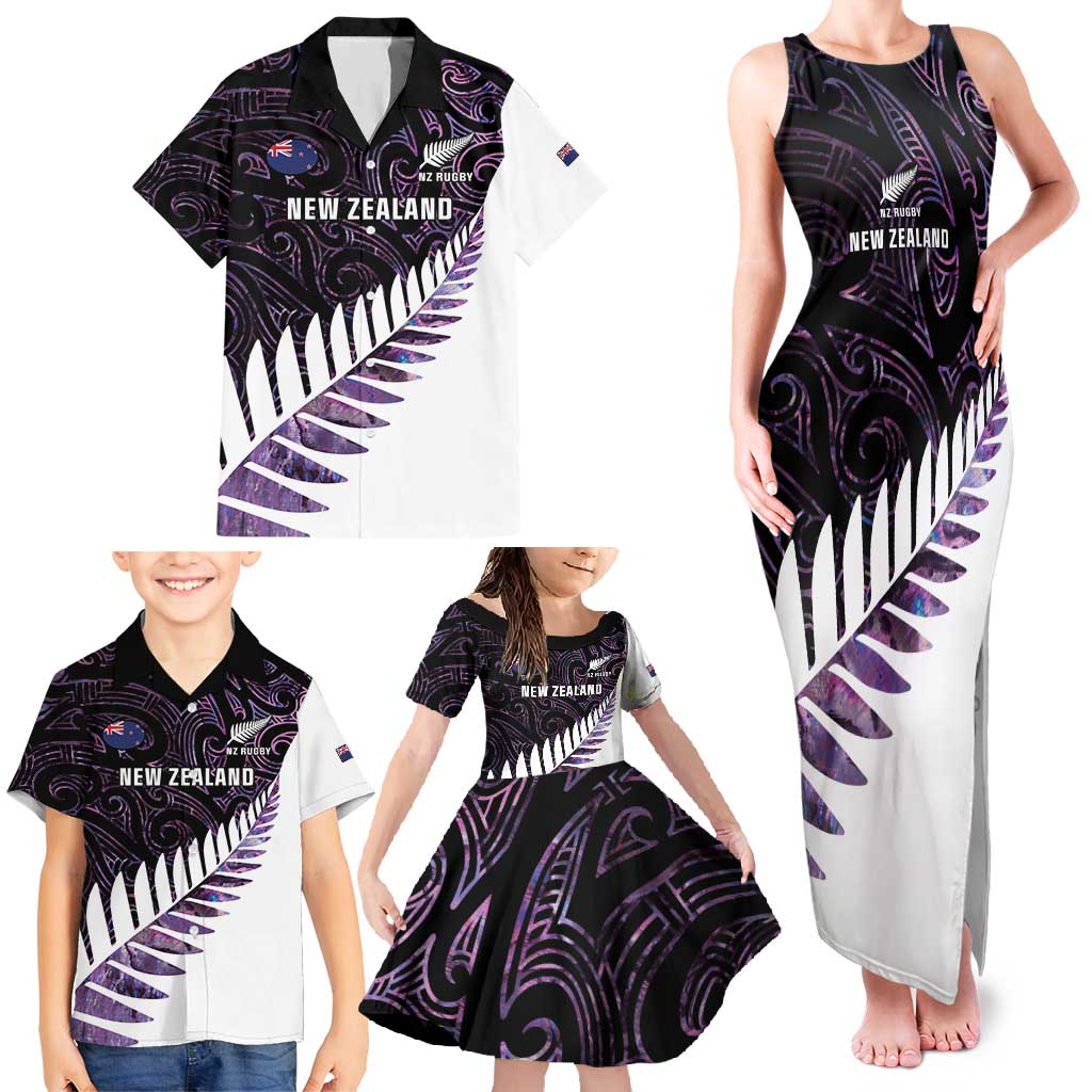 New Zealand Silver Fern Rugby Custom Family Matching Tank Maxi Dress and Hawaiian Shirt Go All Black Purple Maori Paua Shell LT14 - Polynesian Pride