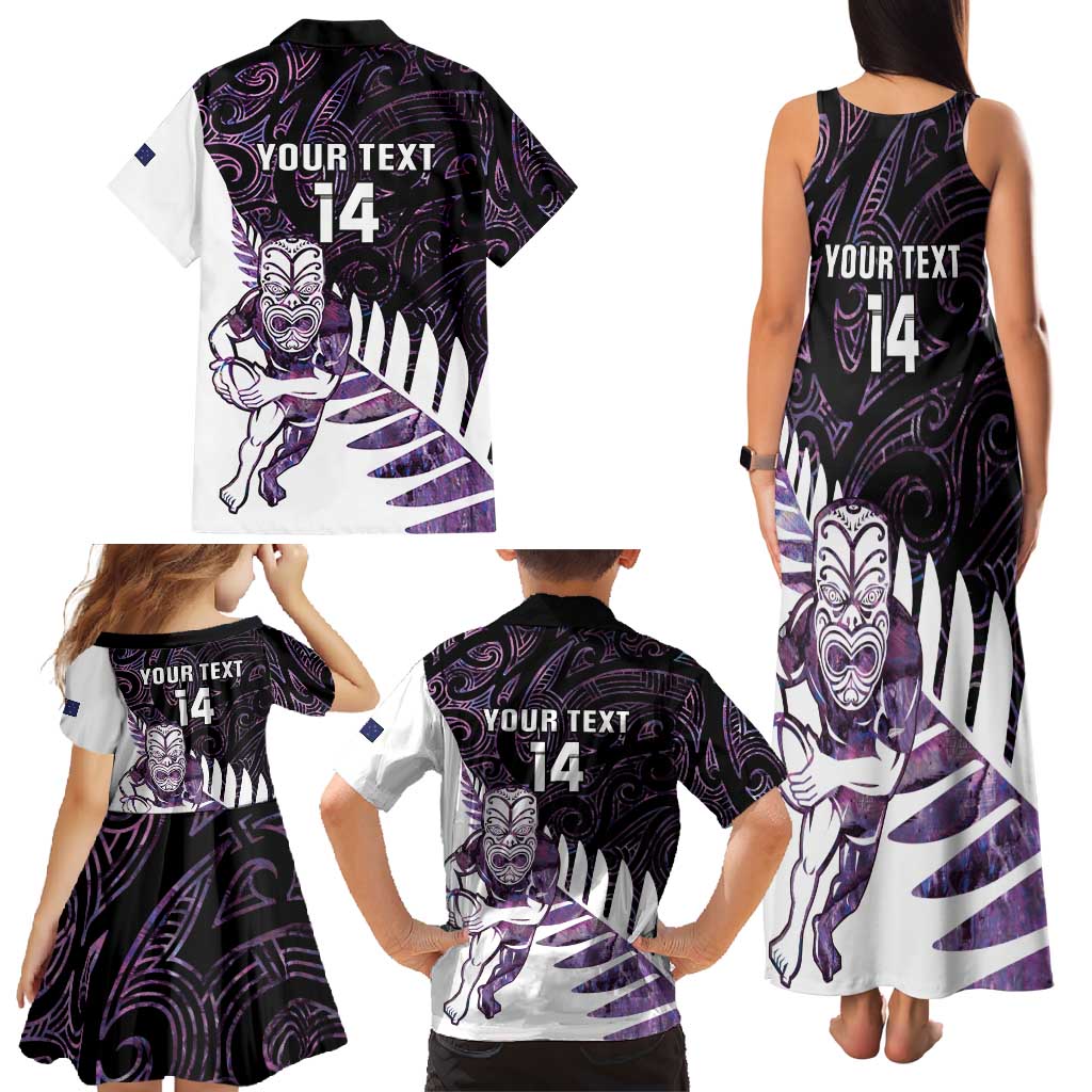 New Zealand Silver Fern Rugby Custom Family Matching Tank Maxi Dress and Hawaiian Shirt Go All Black Purple Maori Paua Shell LT14 - Polynesian Pride