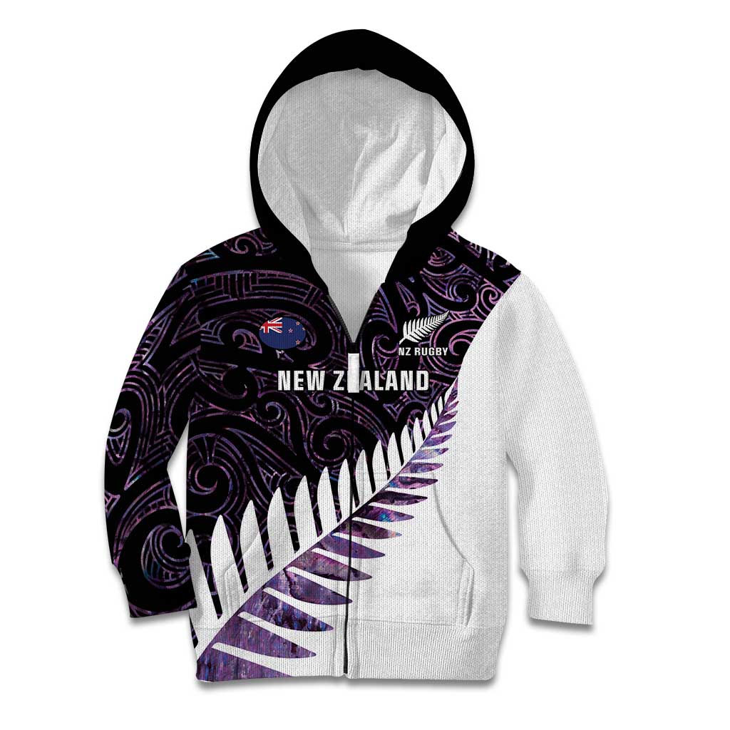 New Zealand Silver Fern Rugby Custom Kid Hoodie Go All Black Purple Maori Paua Shell LT14 Zip Hoodie Purple - Polynesian Pride