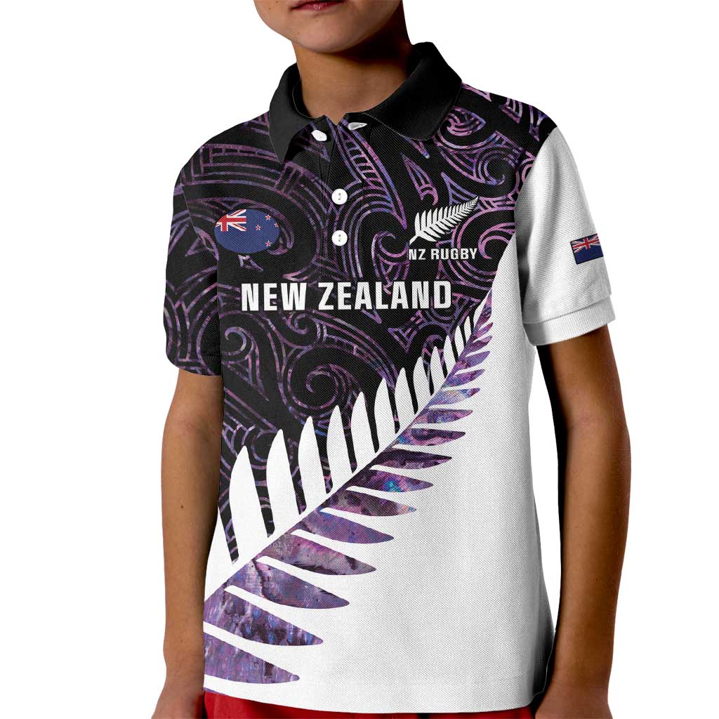New Zealand Silver Fern Rugby Custom Kid Polo Shirt Go All Black Purple Maori Paua Shell LT14 Kid Purple - Polynesian Pride