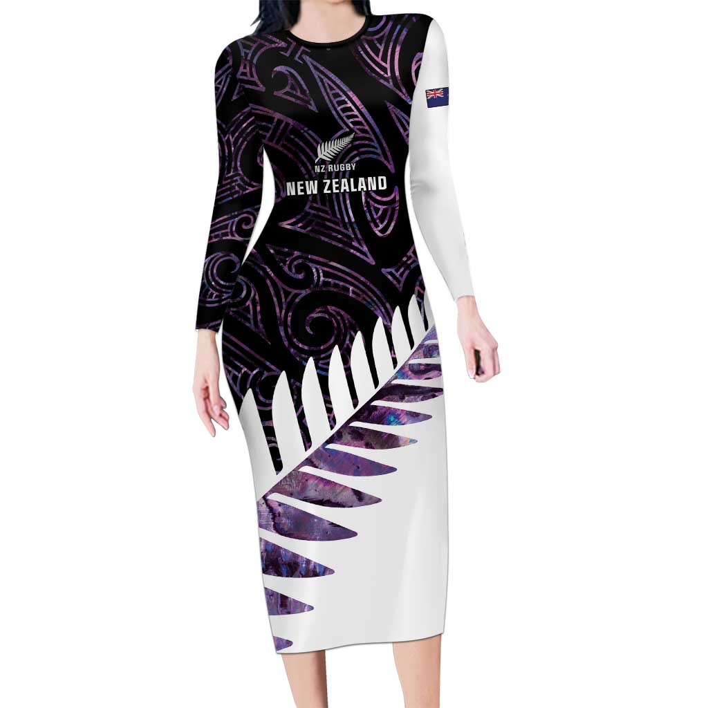 New Zealand Silver Fern Rugby Custom Long Sleeve Bodycon Dress Go All Black Purple Maori Paua Shell LT14 Long Dress Purple - Polynesian Pride