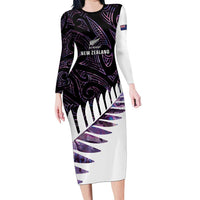 New Zealand Silver Fern Rugby Custom Long Sleeve Bodycon Dress Go All Black Purple Maori Paua Shell LT14 Long Dress Purple - Polynesian Pride