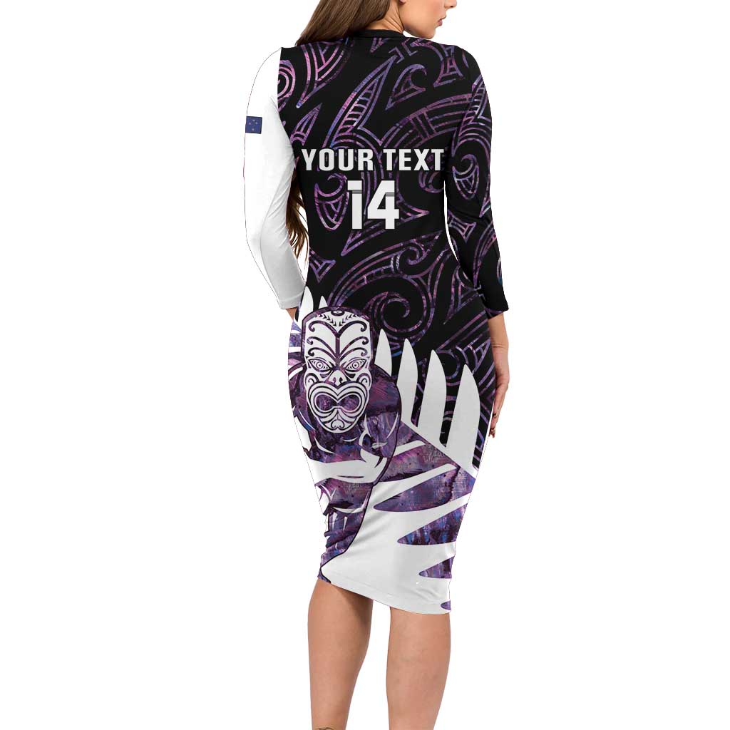 New Zealand Silver Fern Rugby Custom Long Sleeve Bodycon Dress Go All Black Purple Maori Paua Shell LT14 - Polynesian Pride