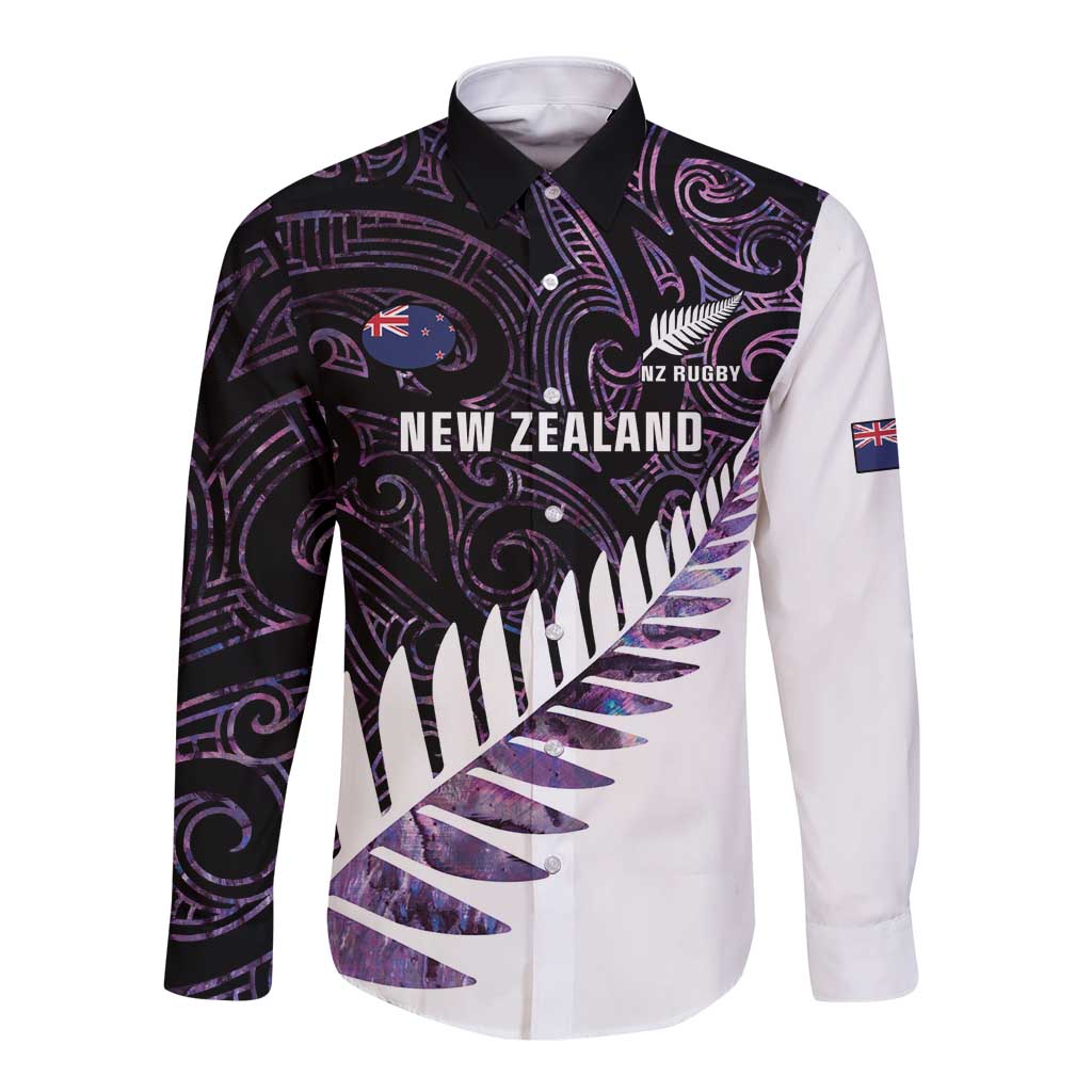 New Zealand Silver Fern Rugby Custom Long Sleeve Button Shirt Go All Black Purple Maori Paua Shell - Polynesian Pride
