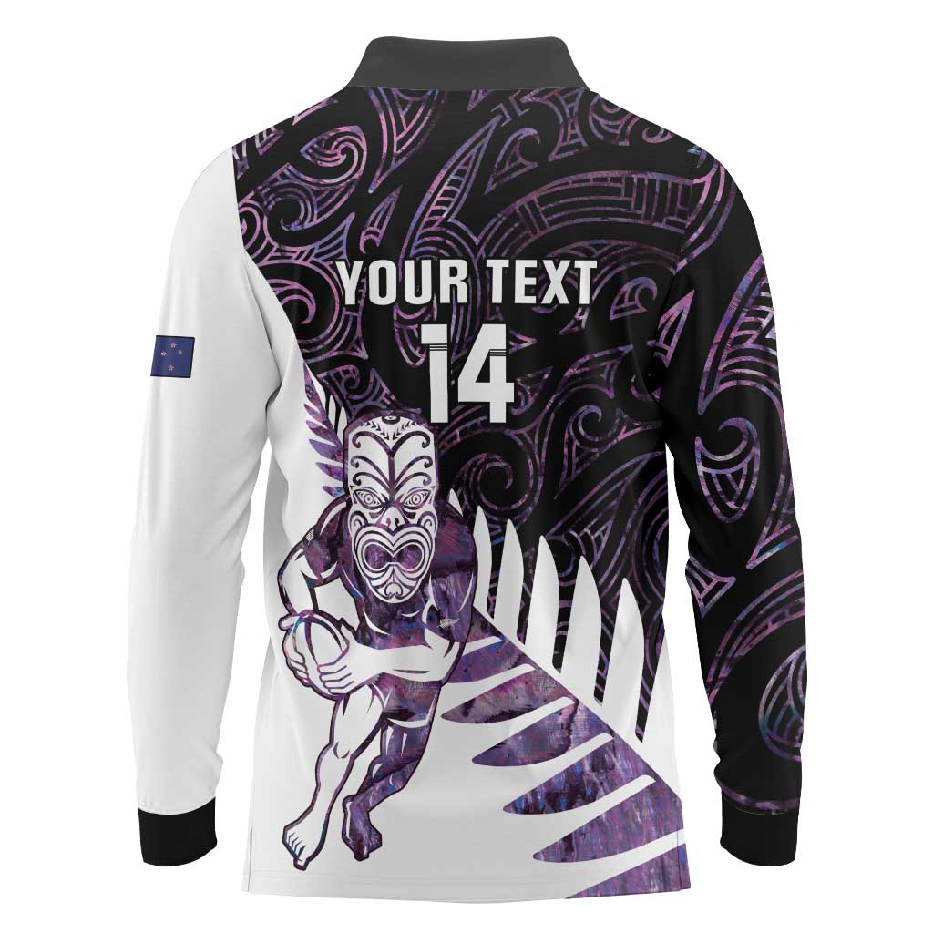 New Zealand Silver Fern Rugby Custom Long Sleeve Polo Shirt Go All Black Purple Maori Paua Shell LT14 - Polynesian Pride