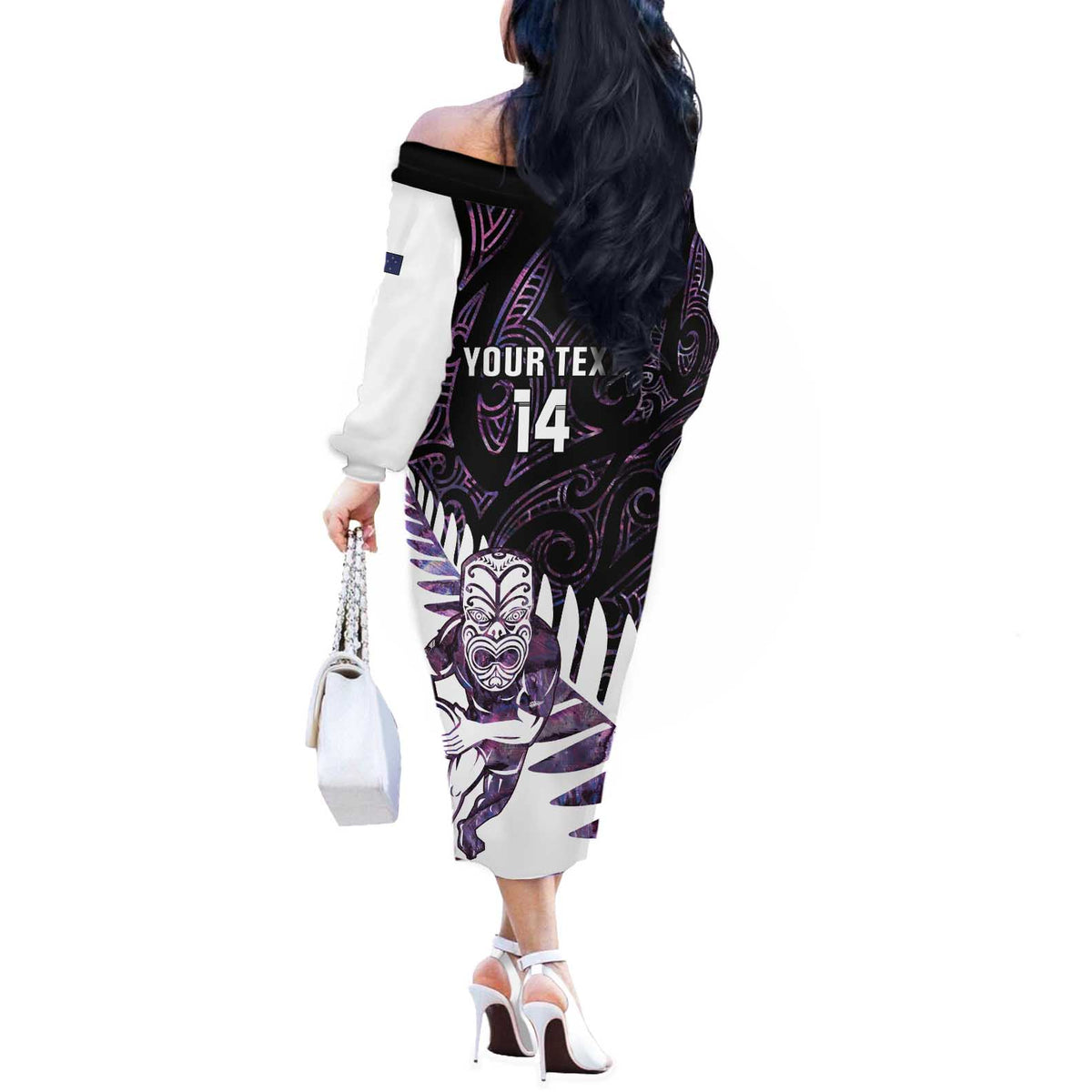 New Zealand Silver Fern Rugby Custom Off The Shoulder Long Sleeve Dress Go All Black Purple Maori Paua Shell LT14 - Polynesian Pride
