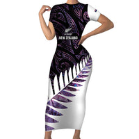 New Zealand Silver Fern Rugby Custom Short Sleeve Bodycon Dress Go All Black Purple Maori Paua Shell LT14 Long Dress Purple - Polynesian Pride