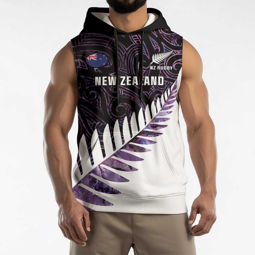 New Zealand Silver Fern Rugby Custom Sleeveless Hoodie Go All Black Purple Maori Paua Shell LT14 - Polynesian Pride