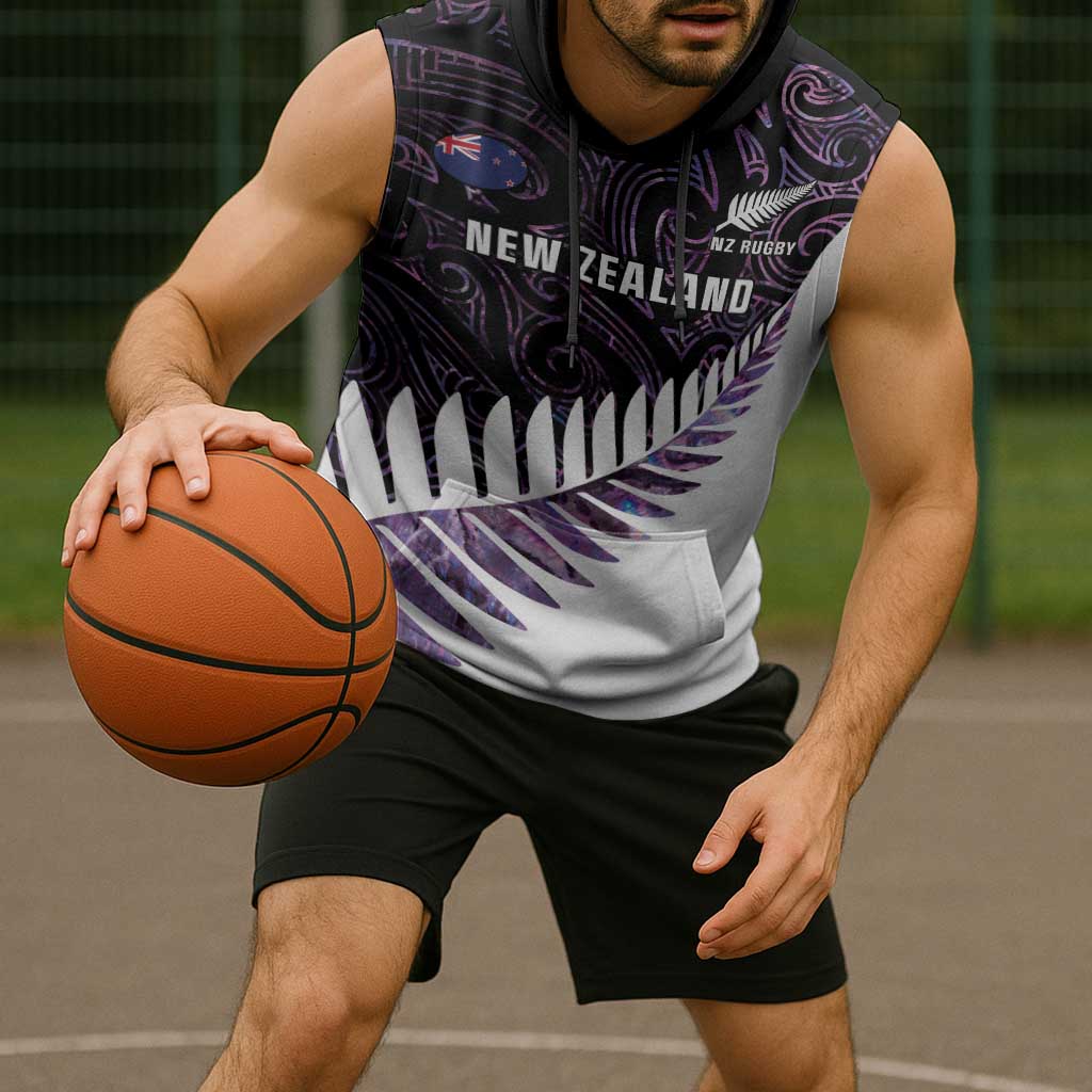 New Zealand Silver Fern Rugby Custom Sleeveless Hoodie Go All Black Purple Maori Paua Shell LT14 - Polynesian Pride