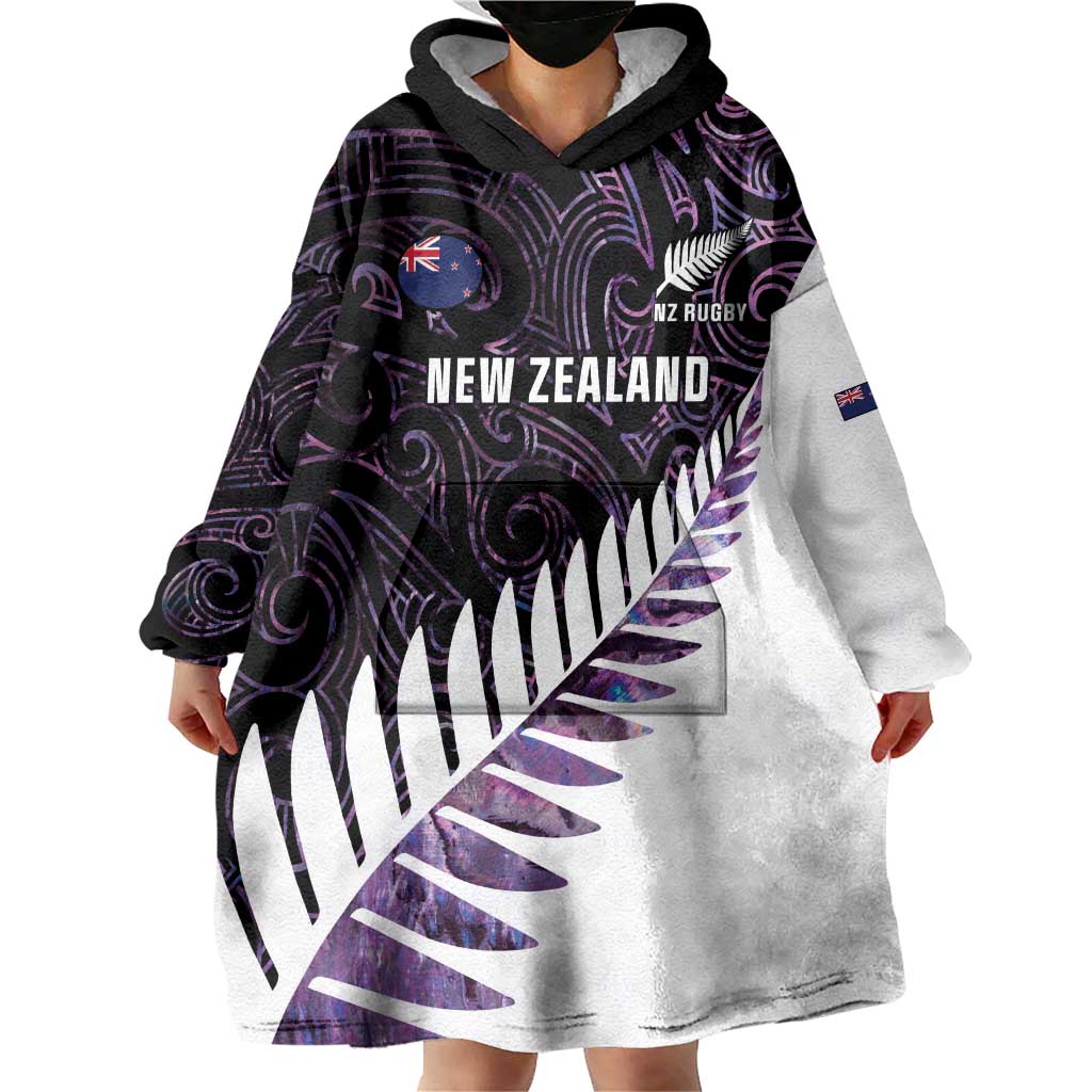 New Zealand Silver Fern Rugby Custom Wearable Blanket Hoodie Go All Black Purple Maori Paua Shell LT14 - Polynesian Pride