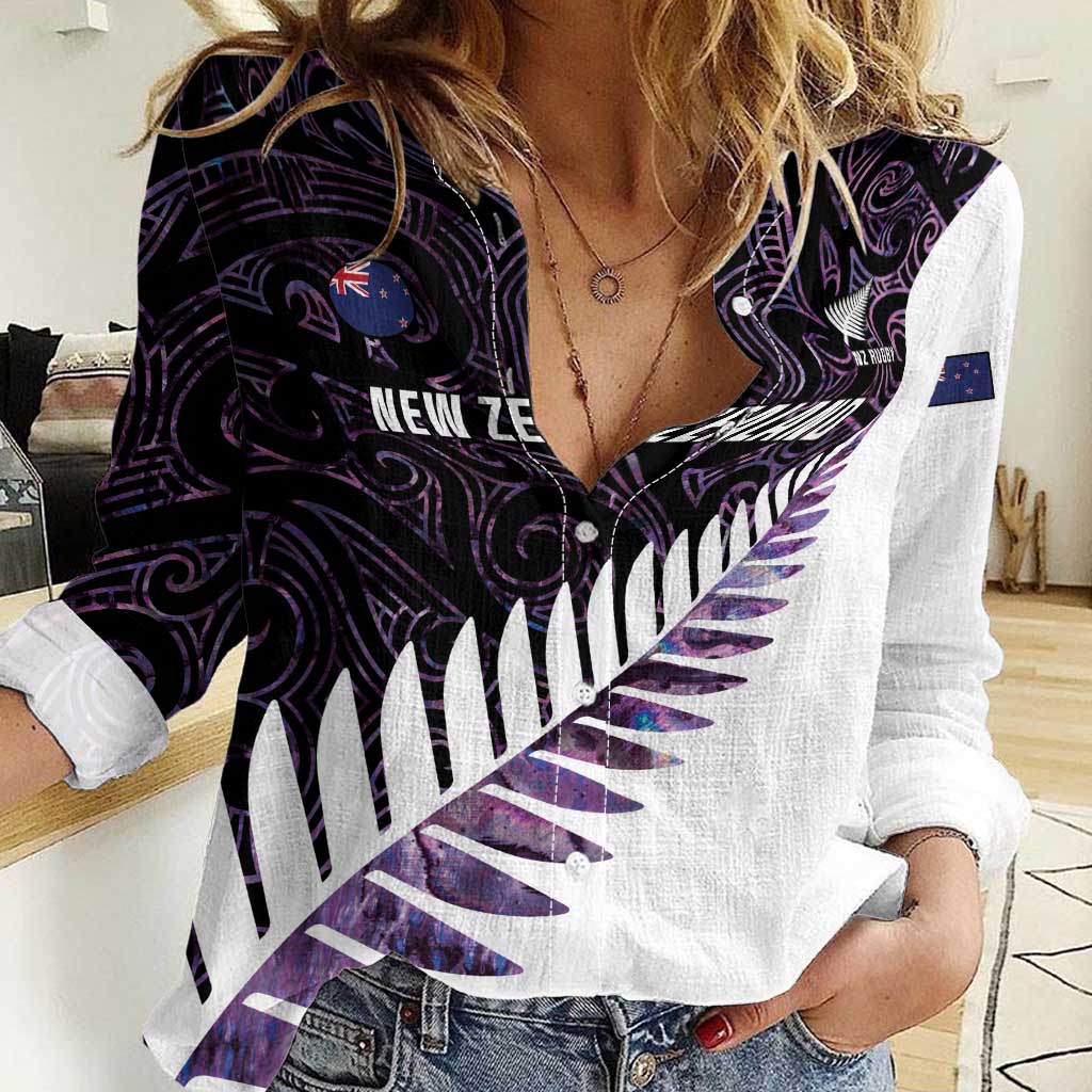 New Zealand Silver Fern Rugby Custom Women Casual Shirt Go All Black Purple Maori Paua Shell LT14 Female Purple - Polynesian Pride