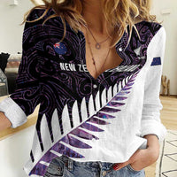 New Zealand Silver Fern Rugby Custom Women Casual Shirt Go All Black Purple Maori Paua Shell LT14 Female Purple - Polynesian Pride