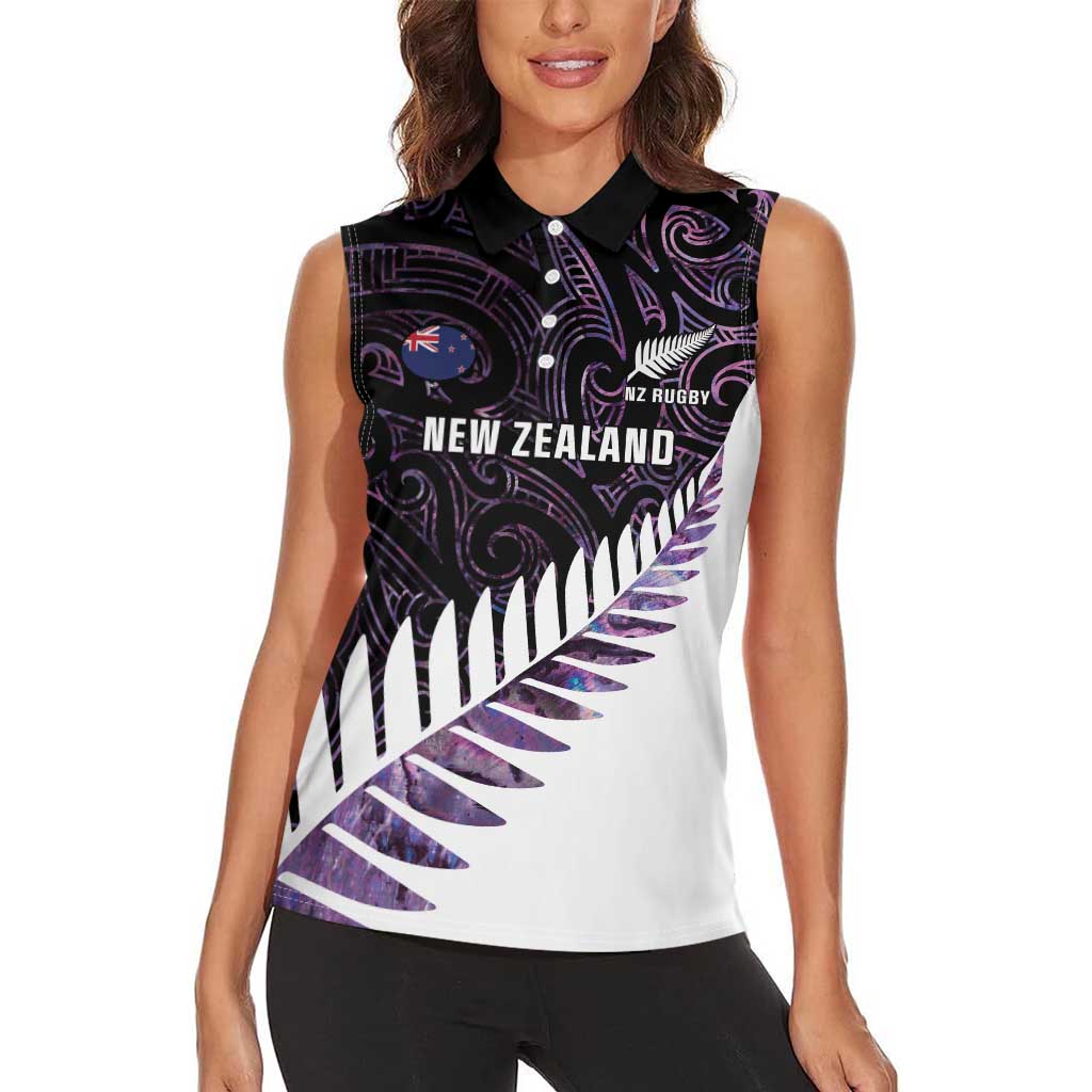 New Zealand Silver Fern Rugby Custom Women Sleeveless Polo Shirt Go All Black Purple Maori Paua Shell LT14 - Polynesian Pride
