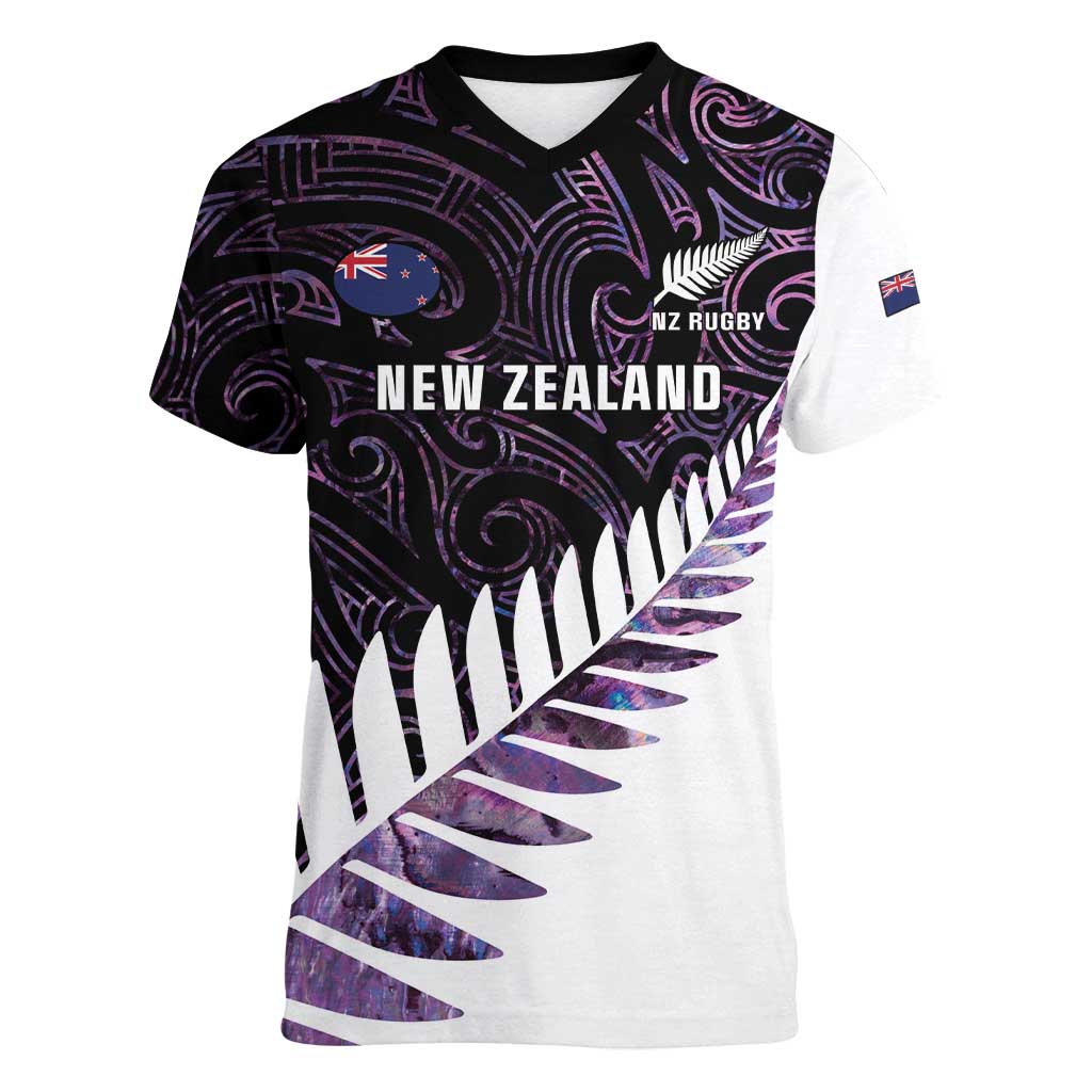 New Zealand Silver Fern Rugby Custom Women V-Neck T-Shirt Go All Black Purple Maori Paua Shell LT14 Female Purple - Polynesian Pride