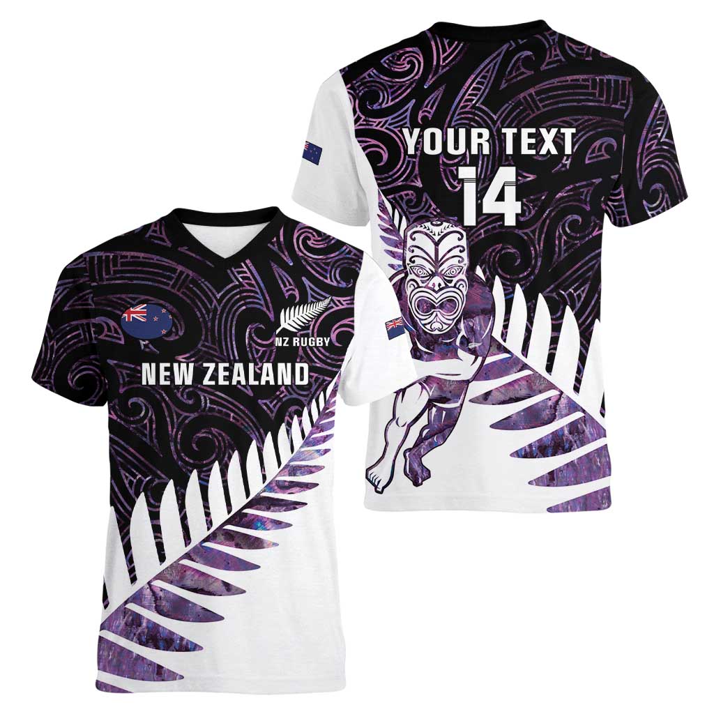 New Zealand Silver Fern Rugby Custom Women V-Neck T-Shirt Go All Black Purple Maori Paua Shell LT14 - Polynesian Pride