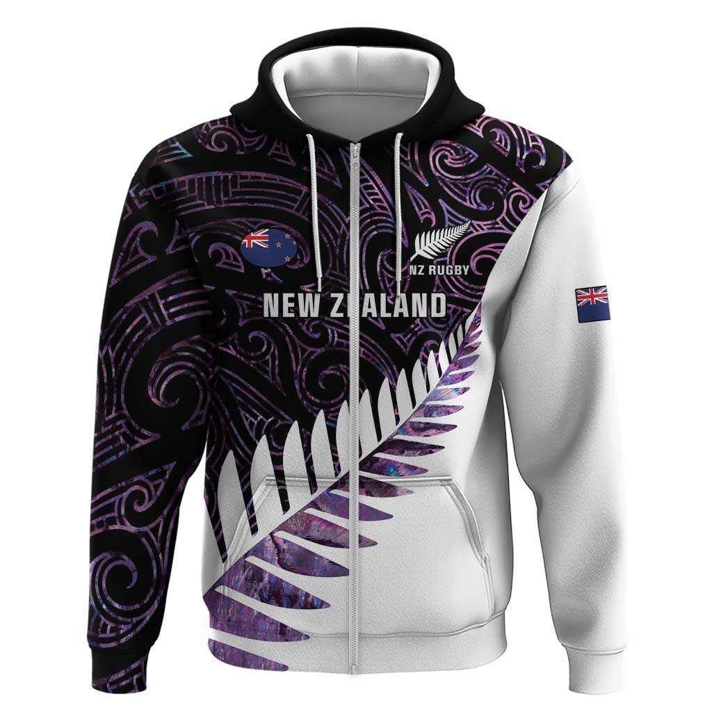 New Zealand Silver Fern Rugby Custom Zip Hoodie Go All Black Purple Maori Paua Shell LT14 Zip Hoodie Purple - Polynesian Pride