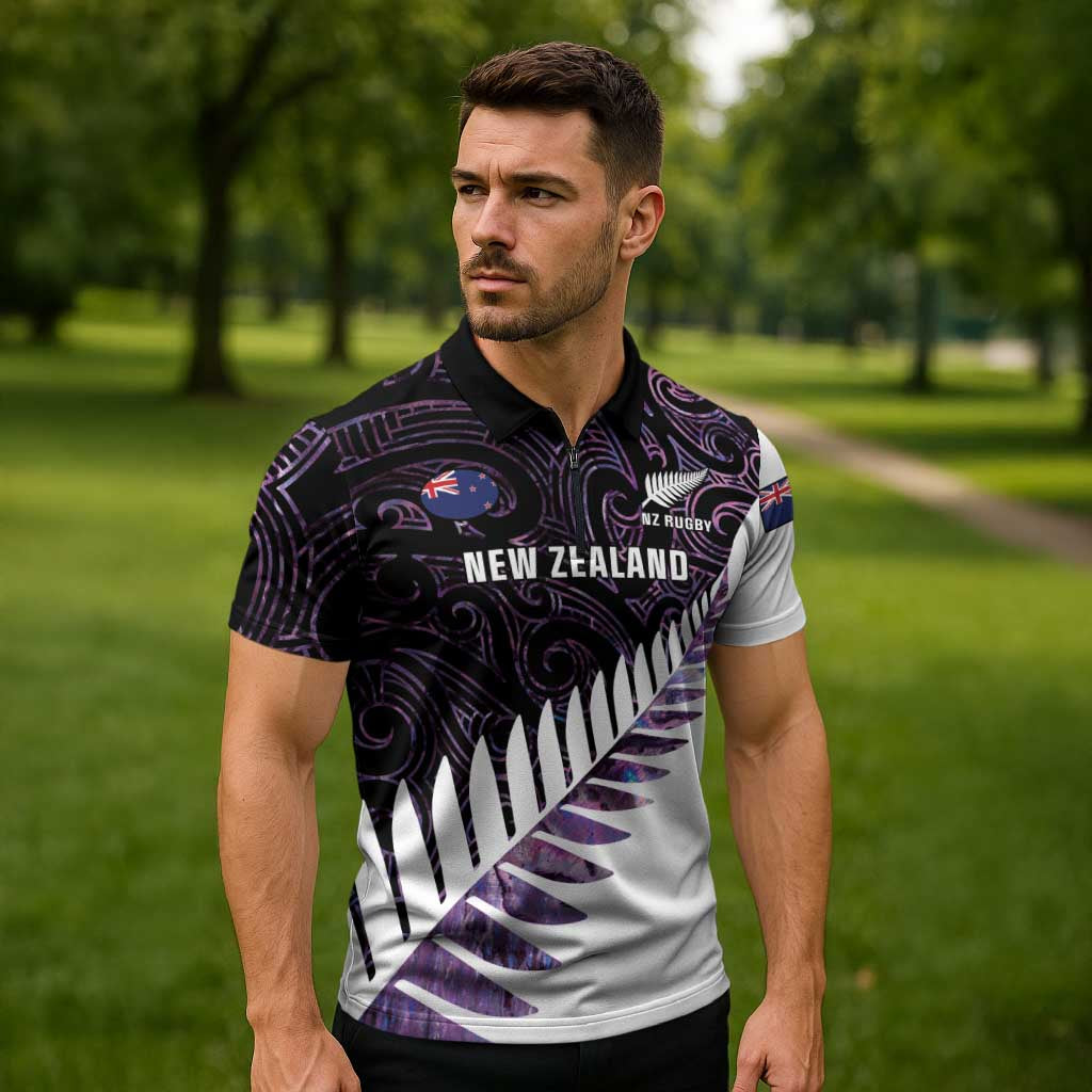 New Zealand Silver Fern Rugby Custom Zipper Polo Shirt Go All Black Purple Maori Paua Shell LT14 - Polynesian Pride