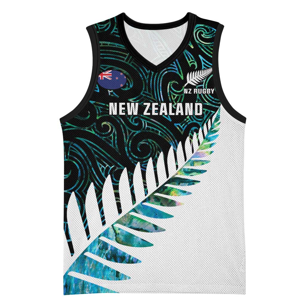 New Zealand Silver Fern Rugby Custom Basketball Jersey Go All Black Turquoise Maori Paua Shell - Polynesian Pride