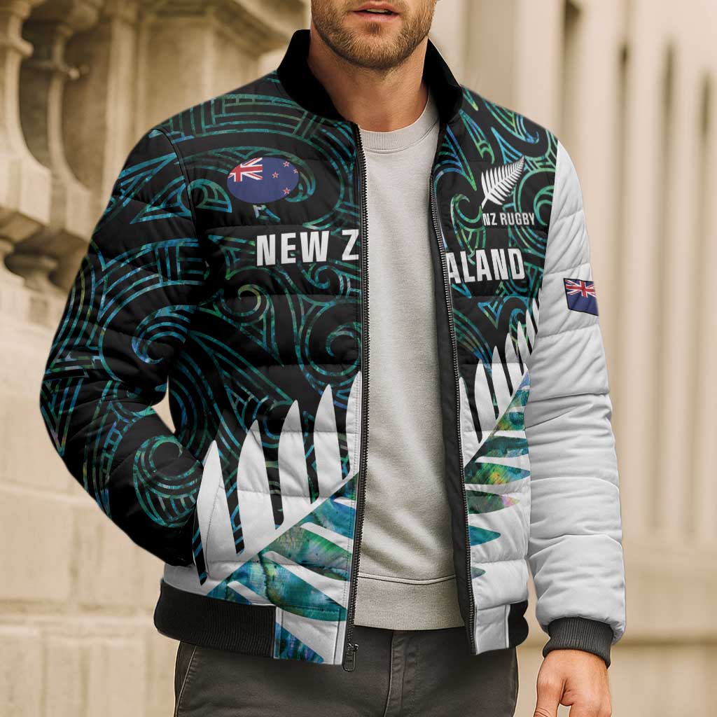 New Zealand Silver Fern Rugby Custom Bomber Puffer Jacket Go All Black Turquoise Maori Paua Shell - Polynesian Pride
