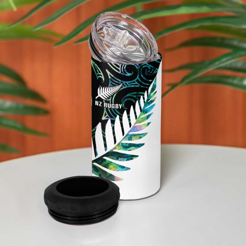 New Zealand Silver Fern Rugby Custom 4 in 1 Can Cooler Tumbler Go All Black Turquoise Maori Paua Shell LT14 - Polynesian Pride