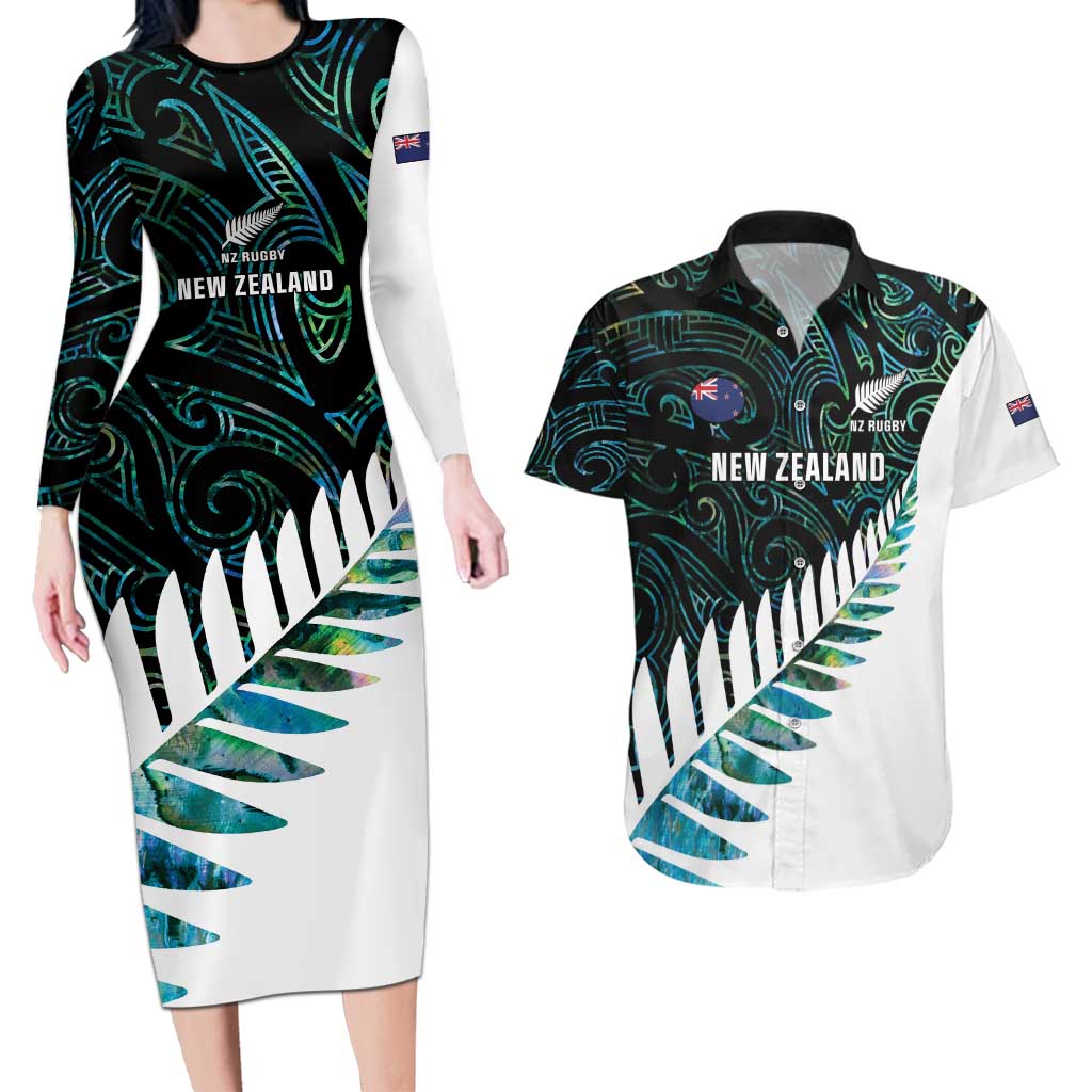 New Zealand Silver Fern Rugby Custom Couples Matching Long Sleeve Bodycon Dress and Hawaiian Shirt Go All Black Turquoise Maori Paua Shell - Polynesian Pride
